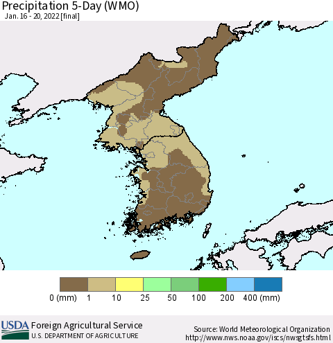 Korea Precipitation 5-Day (WMO) Thematic Map For 1/16/2022 - 1/20/2022