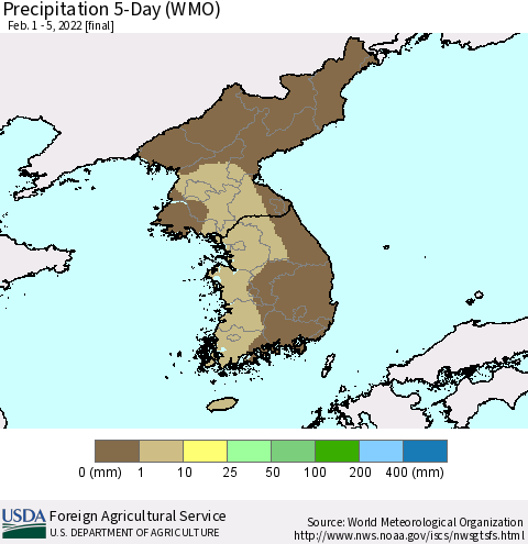 Korea Precipitation 5-Day (WMO) Thematic Map For 2/1/2022 - 2/5/2022