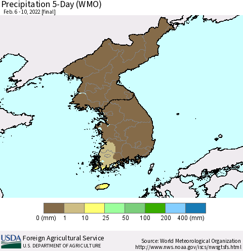 Korea Precipitation 5-Day (WMO) Thematic Map For 2/6/2022 - 2/10/2022