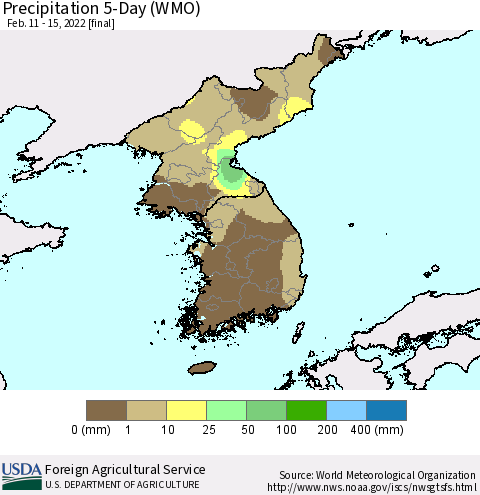 Korea Precipitation 5-Day (WMO) Thematic Map For 2/11/2022 - 2/15/2022