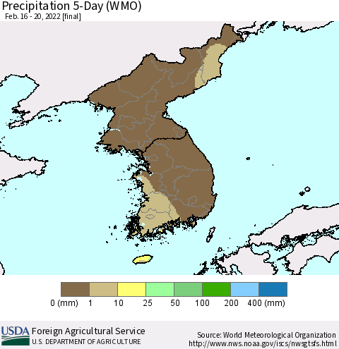 Korea Precipitation 5-Day (WMO) Thematic Map For 2/16/2022 - 2/20/2022