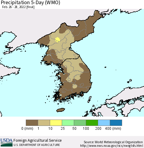Korea Precipitation 5-Day (WMO) Thematic Map For 2/26/2022 - 2/28/2022