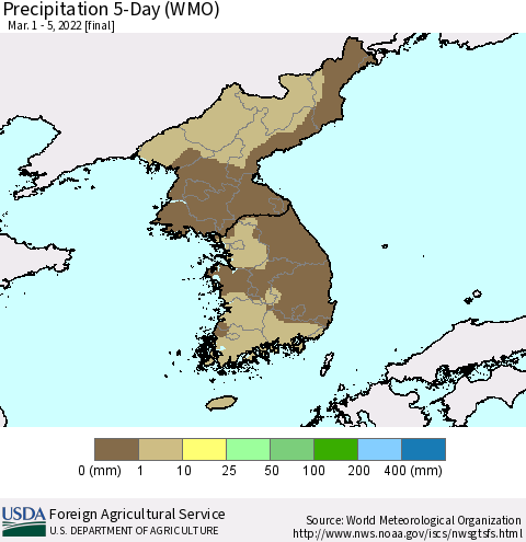 Korea Precipitation 5-Day (WMO) Thematic Map For 3/1/2022 - 3/5/2022