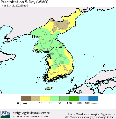 Korea Precipitation 5-Day (WMO) Thematic Map For 3/11/2022 - 3/15/2022