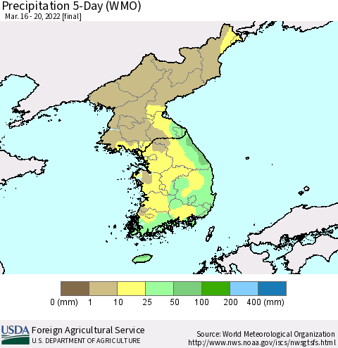 Korea Precipitation 5-Day (WMO) Thematic Map For 3/16/2022 - 3/20/2022