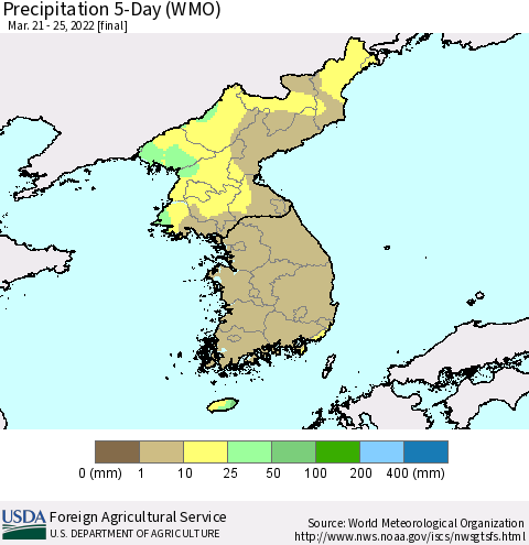 Korea Precipitation 5-Day (WMO) Thematic Map For 3/21/2022 - 3/25/2022