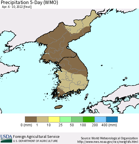 Korea Precipitation 5-Day (WMO) Thematic Map For 4/6/2022 - 4/10/2022