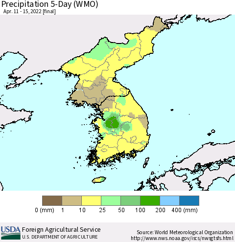 Korea Precipitation 5-Day (WMO) Thematic Map For 4/11/2022 - 4/15/2022