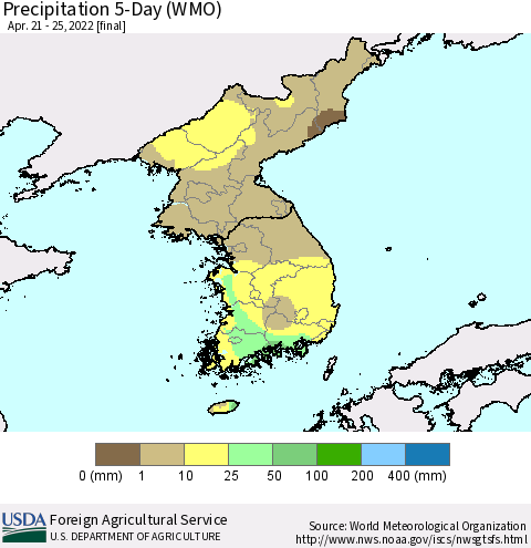 Korea Precipitation 5-Day (WMO) Thematic Map For 4/21/2022 - 4/25/2022