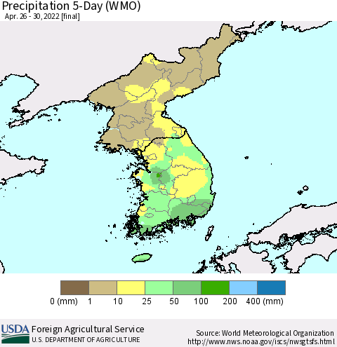 Korea Precipitation 5-Day (WMO) Thematic Map For 4/26/2022 - 4/30/2022