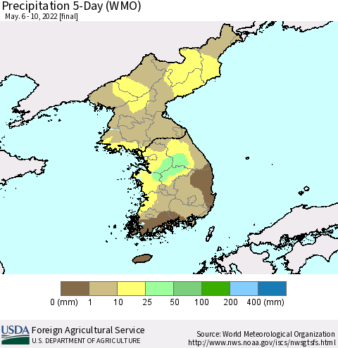 Korea Precipitation 5-Day (WMO) Thematic Map For 5/6/2022 - 5/10/2022