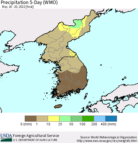 Korea Precipitation 5-Day (WMO) Thematic Map For 5/16/2022 - 5/20/2022