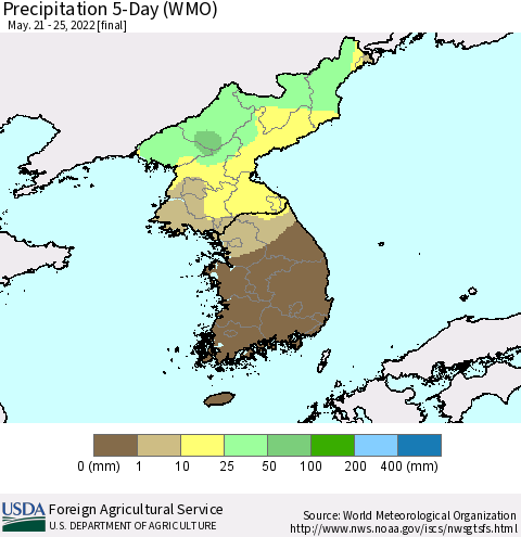 Korea Precipitation 5-Day (WMO) Thematic Map For 5/21/2022 - 5/25/2022