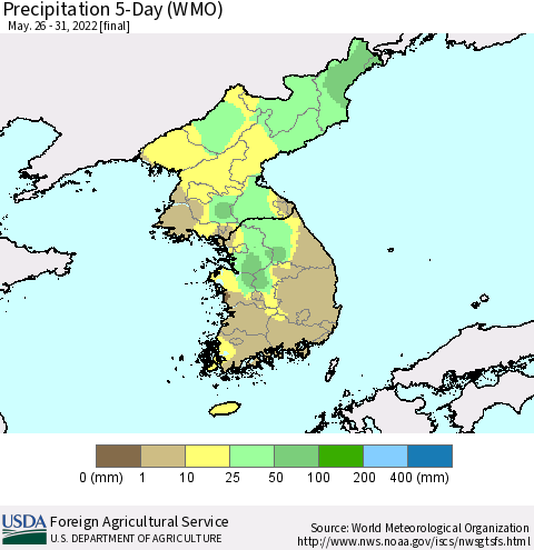Korea Precipitation 5-Day (WMO) Thematic Map For 5/26/2022 - 5/31/2022