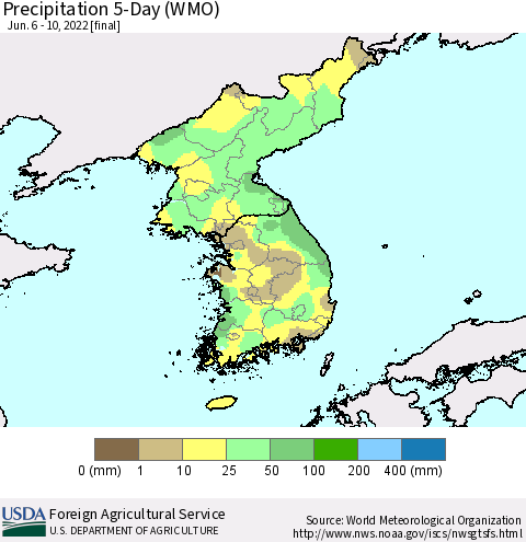 Korea Precipitation 5-Day (WMO) Thematic Map For 6/6/2022 - 6/10/2022