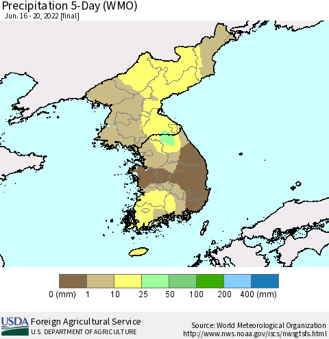Korea Precipitation 5-Day (WMO) Thematic Map For 6/16/2022 - 6/20/2022