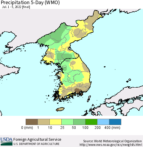 Korea Precipitation 5-Day (WMO) Thematic Map For 7/1/2022 - 7/5/2022