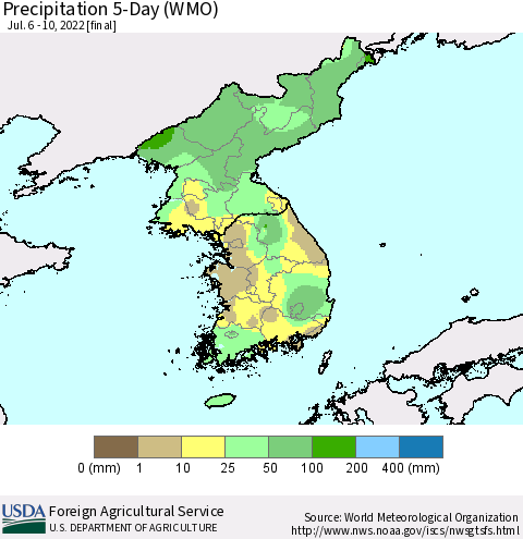 Korea Precipitation 5-Day (WMO) Thematic Map For 7/6/2022 - 7/10/2022