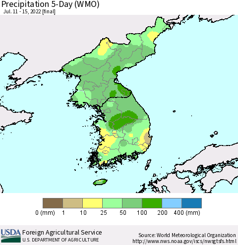 Korea Precipitation 5-Day (WMO) Thematic Map For 7/11/2022 - 7/15/2022