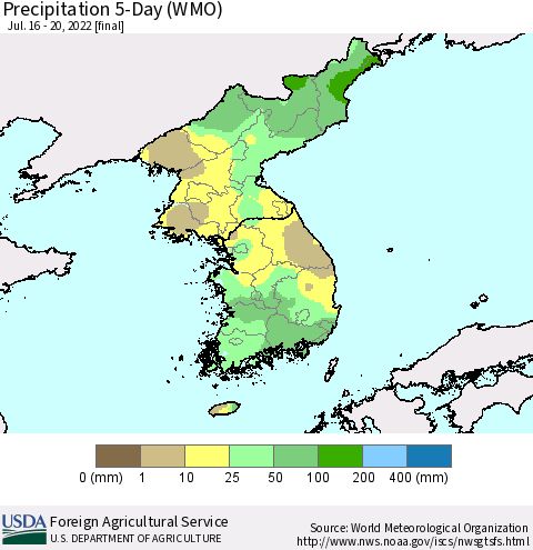 Korea Precipitation 5-Day (WMO) Thematic Map For 7/16/2022 - 7/20/2022