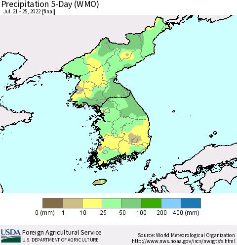 Korea Precipitation 5-Day (WMO) Thematic Map For 7/21/2022 - 7/25/2022