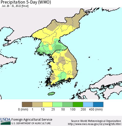 Korea Precipitation 5-Day (WMO) Thematic Map For 7/26/2022 - 7/31/2022