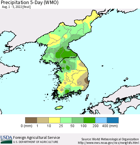 Korea Precipitation 5-Day (WMO) Thematic Map For 8/1/2022 - 8/5/2022