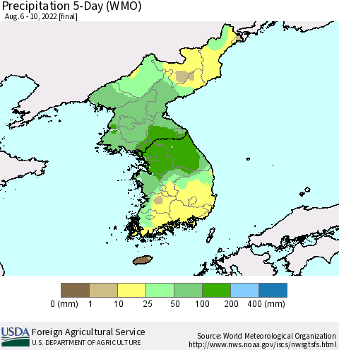 Korea Precipitation 5-Day (WMO) Thematic Map For 8/6/2022 - 8/10/2022
