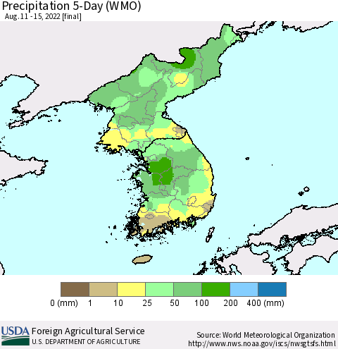 Korea Precipitation 5-Day (WMO) Thematic Map For 8/11/2022 - 8/15/2022