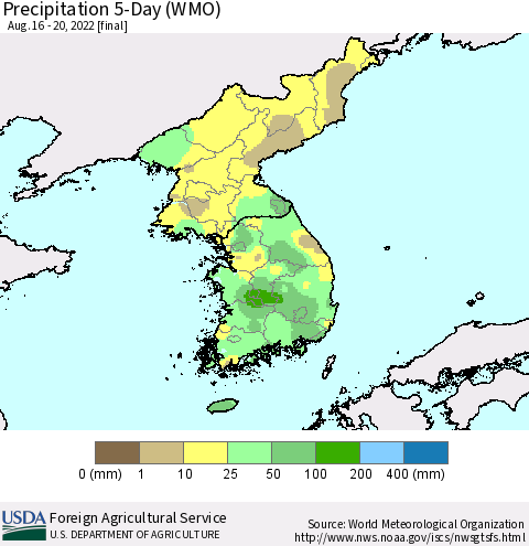 Korea Precipitation 5-Day (WMO) Thematic Map For 8/16/2022 - 8/20/2022
