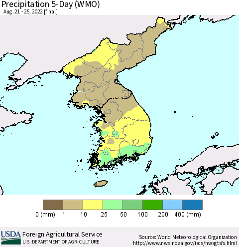 Korea Precipitation 5-Day (WMO) Thematic Map For 8/21/2022 - 8/25/2022