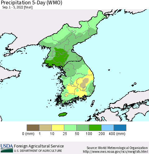Korea Precipitation 5-Day (WMO) Thematic Map For 9/1/2022 - 9/5/2022