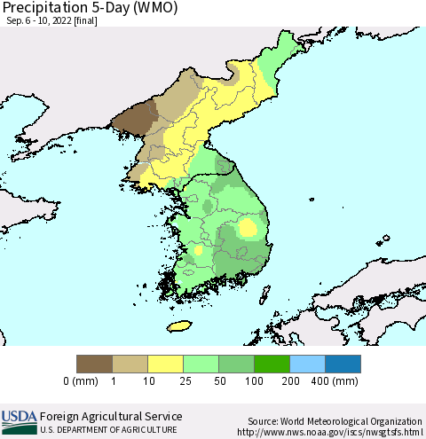 Korea Precipitation 5-Day (WMO) Thematic Map For 9/6/2022 - 9/10/2022