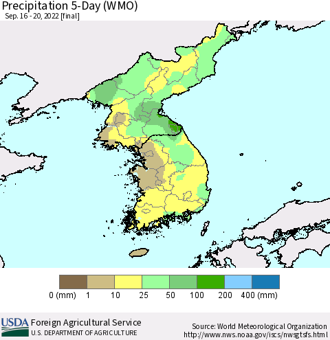 Korea Precipitation 5-Day (WMO) Thematic Map For 9/16/2022 - 9/20/2022