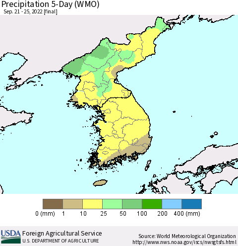 Korea Precipitation 5-Day (WMO) Thematic Map For 9/21/2022 - 9/25/2022