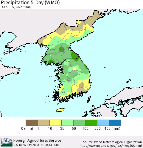 Korea Precipitation 5-Day (WMO) Thematic Map For 10/1/2022 - 10/5/2022