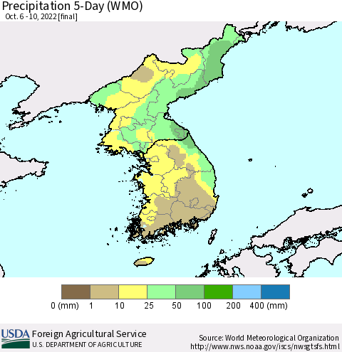 Korea Precipitation 5-Day (WMO) Thematic Map For 10/6/2022 - 10/10/2022