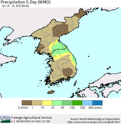 Korea Precipitation 5-Day (WMO) Thematic Map For 10/21/2022 - 10/25/2022