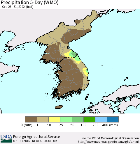 Korea Precipitation 5-Day (WMO) Thematic Map For 10/26/2022 - 10/31/2022