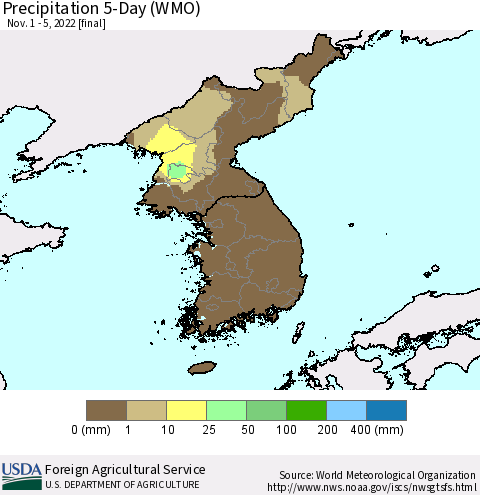 Korea Precipitation 5-Day (WMO) Thematic Map For 11/1/2022 - 11/5/2022