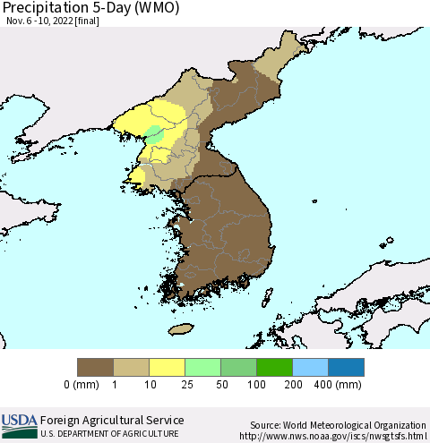 Korea Precipitation 5-Day (WMO) Thematic Map For 11/6/2022 - 11/10/2022