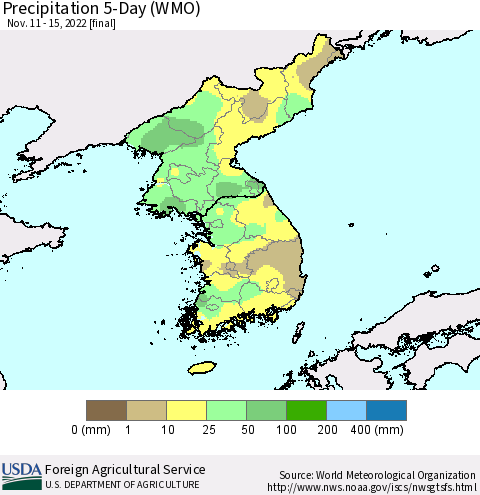 Korea Precipitation 5-Day (WMO) Thematic Map For 11/11/2022 - 11/15/2022