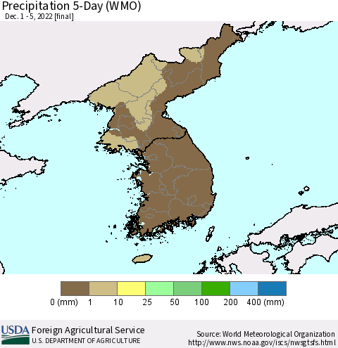 Korea Precipitation 5-Day (WMO) Thematic Map For 12/1/2022 - 12/5/2022