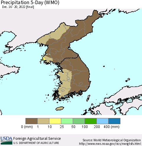 Korea Precipitation 5-Day (WMO) Thematic Map For 12/16/2022 - 12/20/2022