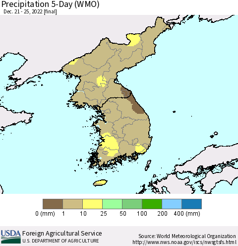 Korea Precipitation 5-Day (WMO) Thematic Map For 12/21/2022 - 12/25/2022