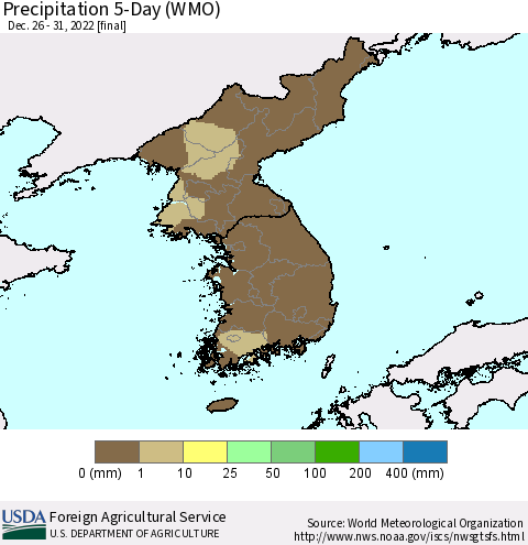 Korea Precipitation 5-Day (WMO) Thematic Map For 12/26/2022 - 12/31/2022