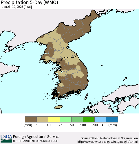Korea Precipitation 5-Day (WMO) Thematic Map For 1/6/2023 - 1/10/2023