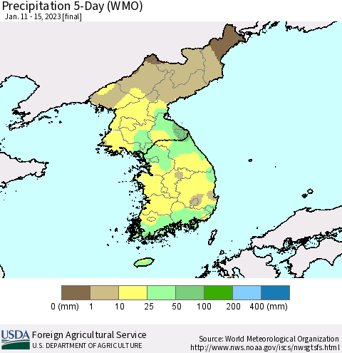 Korea Precipitation 5-Day (WMO) Thematic Map For 1/11/2023 - 1/15/2023