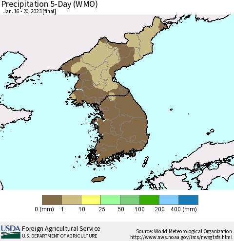 Korea Precipitation 5-Day (WMO) Thematic Map For 1/16/2023 - 1/20/2023