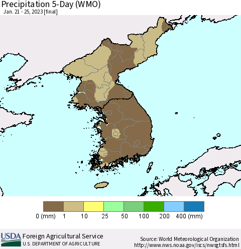 Korea Precipitation 5-Day (WMO) Thematic Map For 1/21/2023 - 1/25/2023